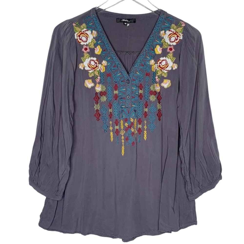 Andree by Unit S Womens V Neck Floral Embroidered Tunic Boho Travel